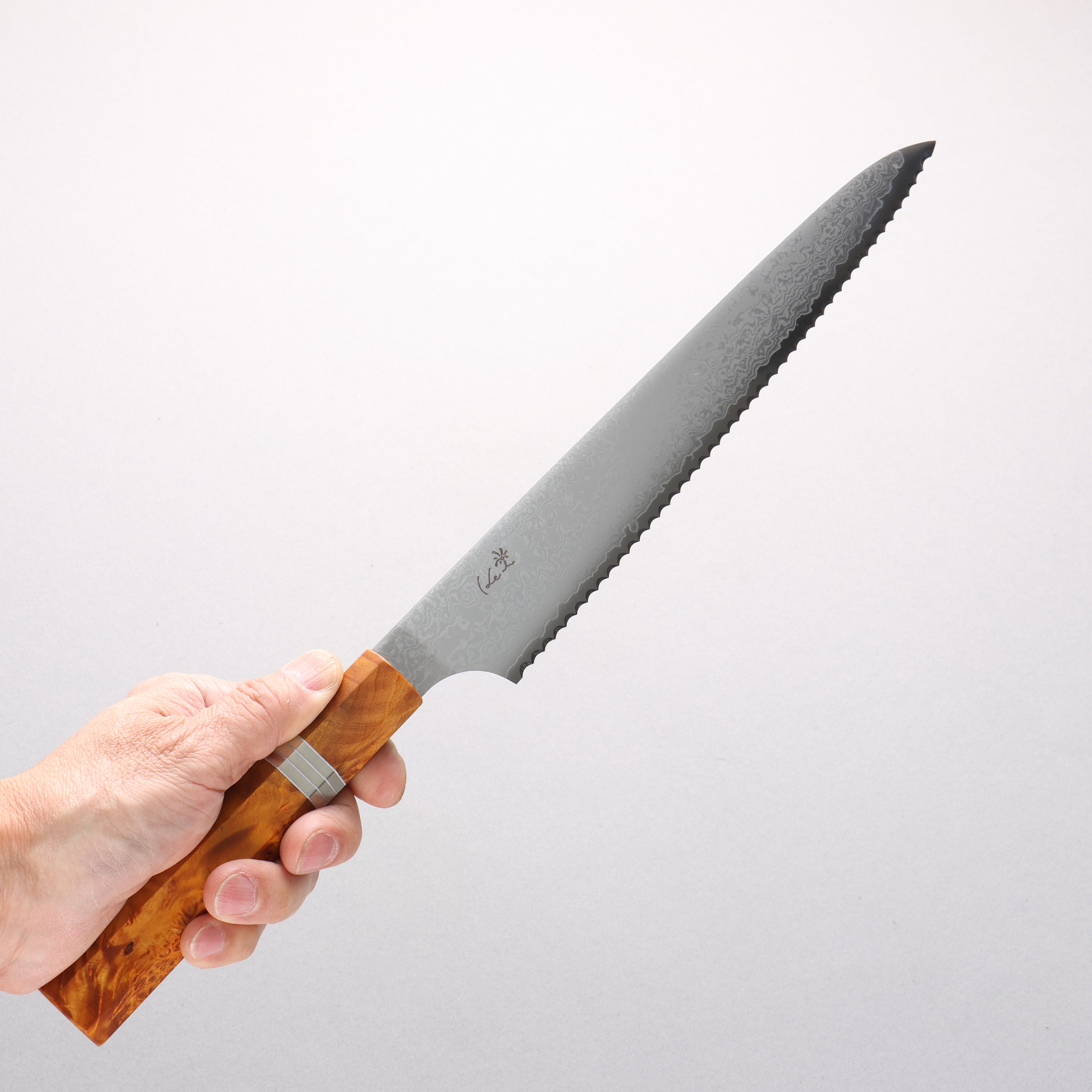 ケイ V金10号 ダマスカス パン切り包丁 240mm 茶スタビライズドウッド (銀リング)柄 - 清助刃物