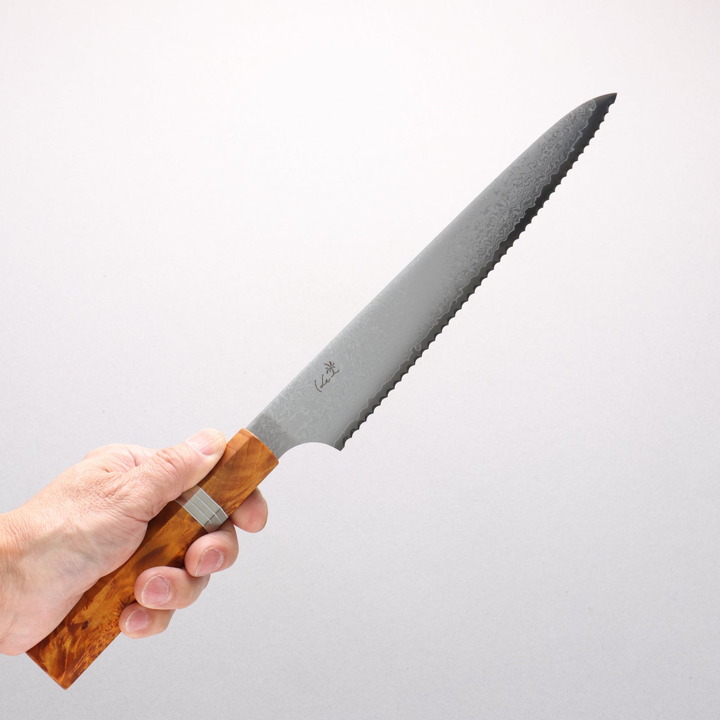 ケイ V金10号 ダマスカス パン切り包丁 240mm 茶スタビライズドウッド (銀リング)柄 - 清助刃物
