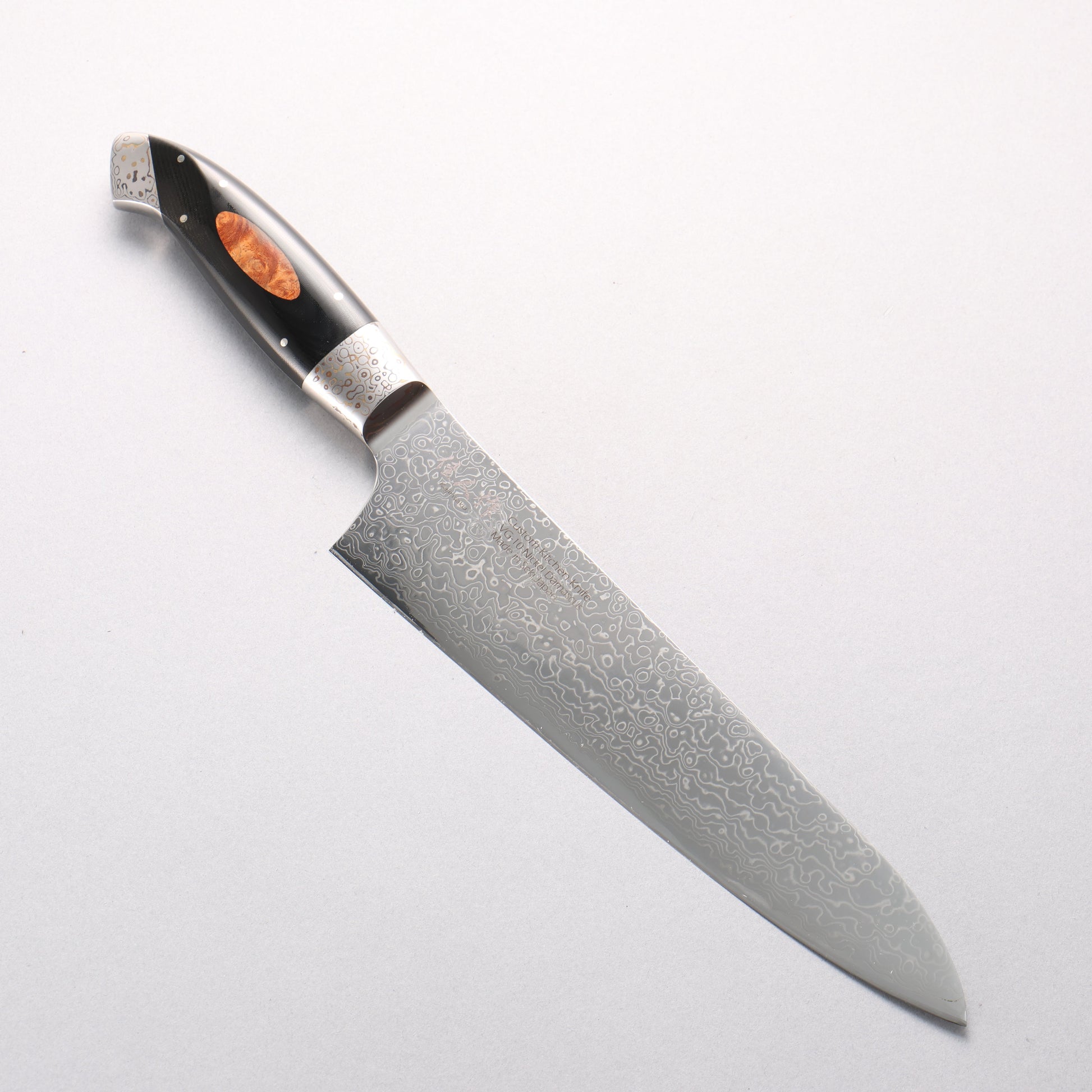 佳人 V金10号 ダマスカス 牛刀包丁 210mm 黒マイカルタ 木インレイ柄 - 清助刃物