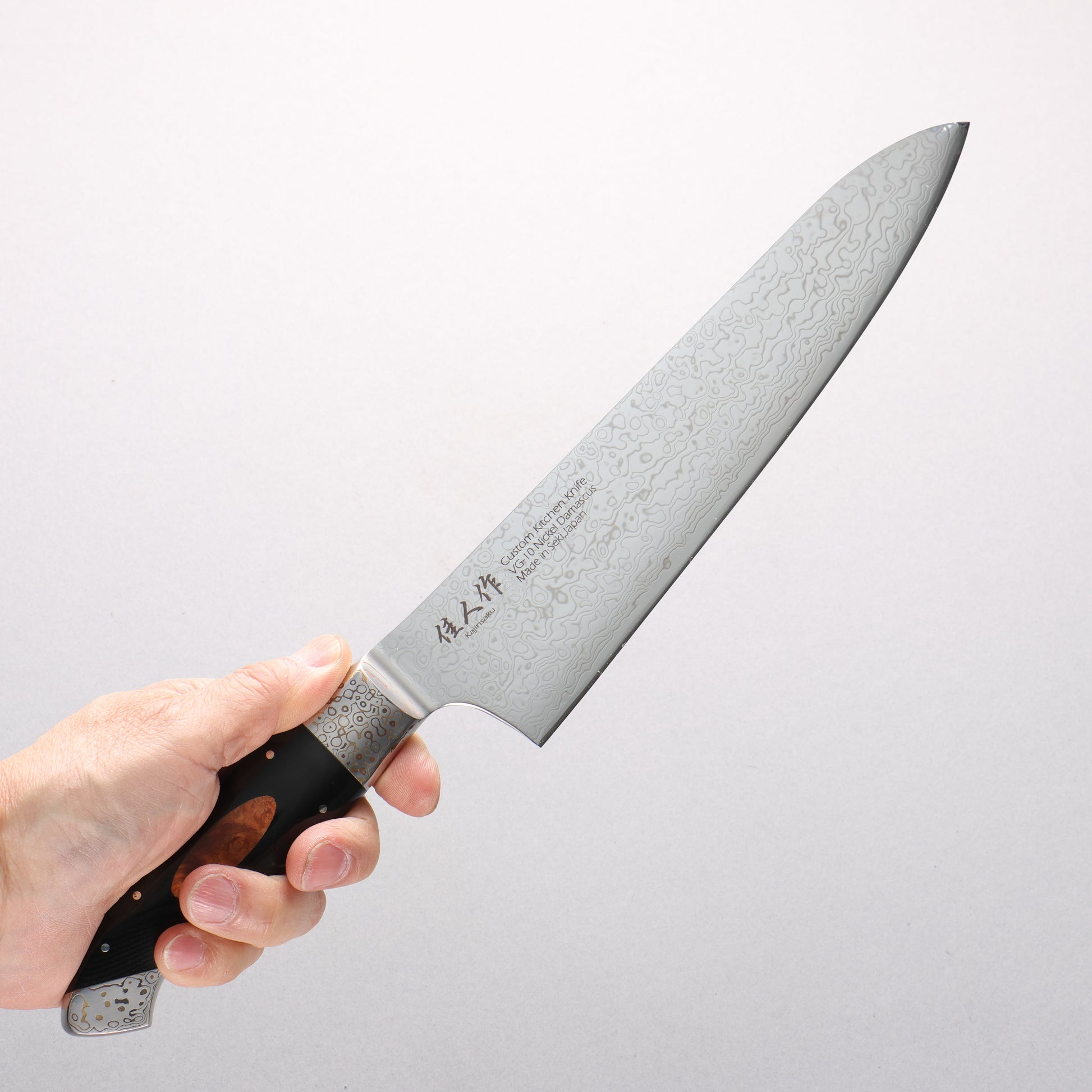 佳人 V金10号 ダマスカス 牛刀包丁 210mm 黒マイカルタ 木インレイ柄 - 清助刃物