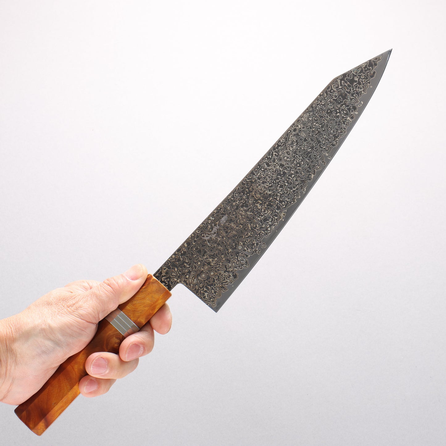 寛丈 SG2 黒ダマスカス 切付牛刀包丁 240mm 茶スタビライズドウッド (銀リング)柄 - 清助刃物