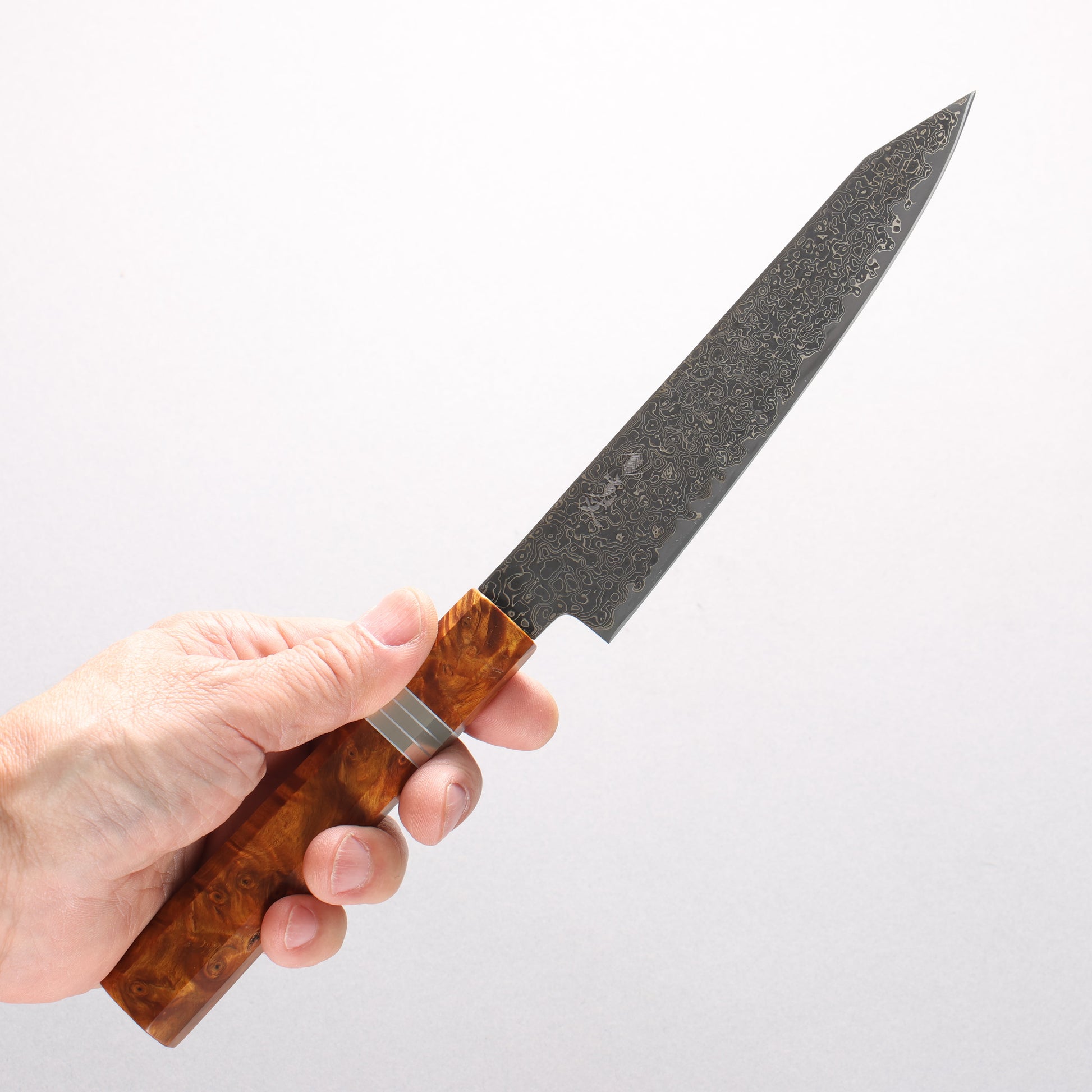寛丈 SG2 黒ダマスカス 切付ペティナイフ 150mm 茶スタビライズドウッド (銀リング)柄 - 清助刃物