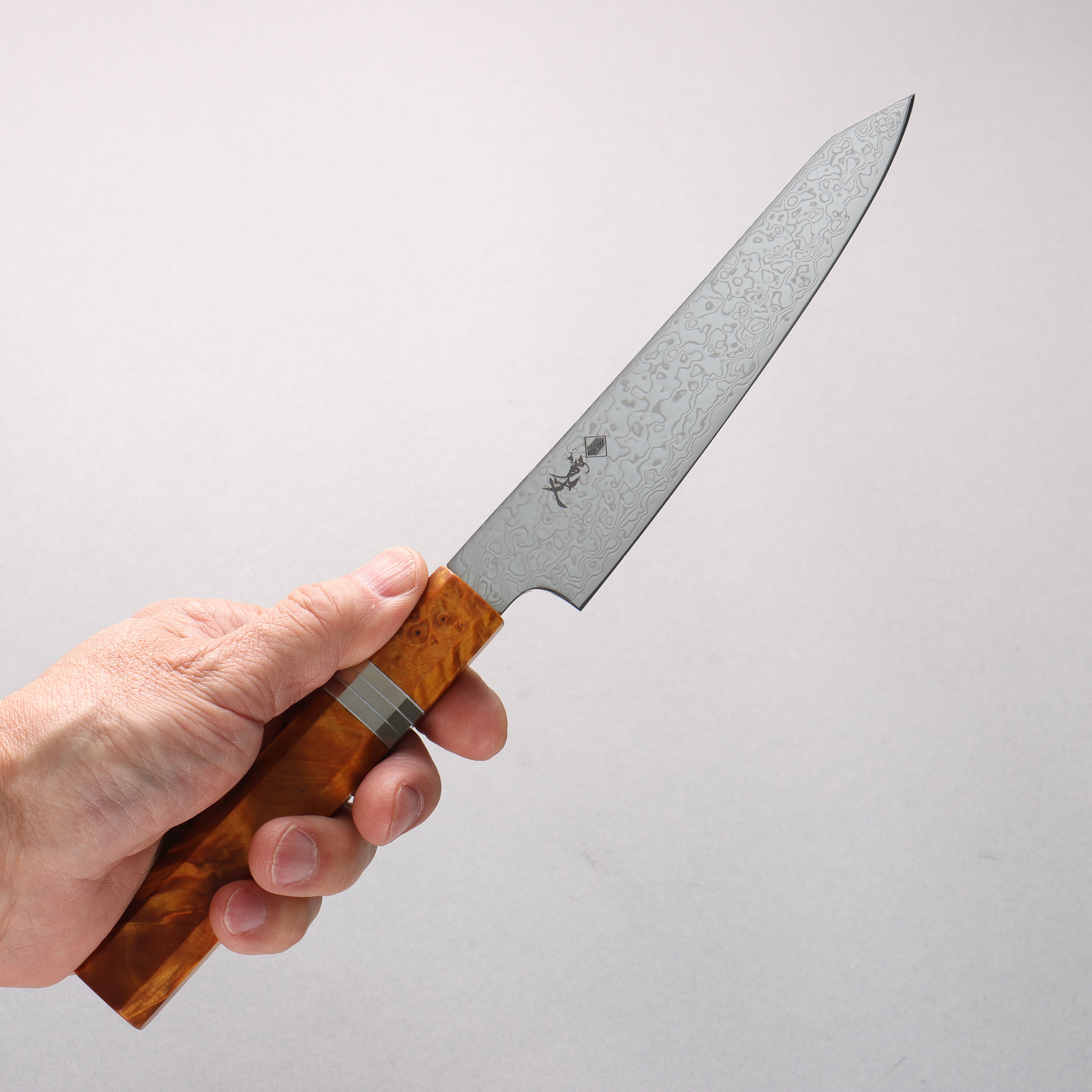 寛丈 SG2 ダマスカス 磨き仕上げ 切付ペティナイフ 150mm 茶スタビライズドウッド (銀リング)柄 - 清助刃物