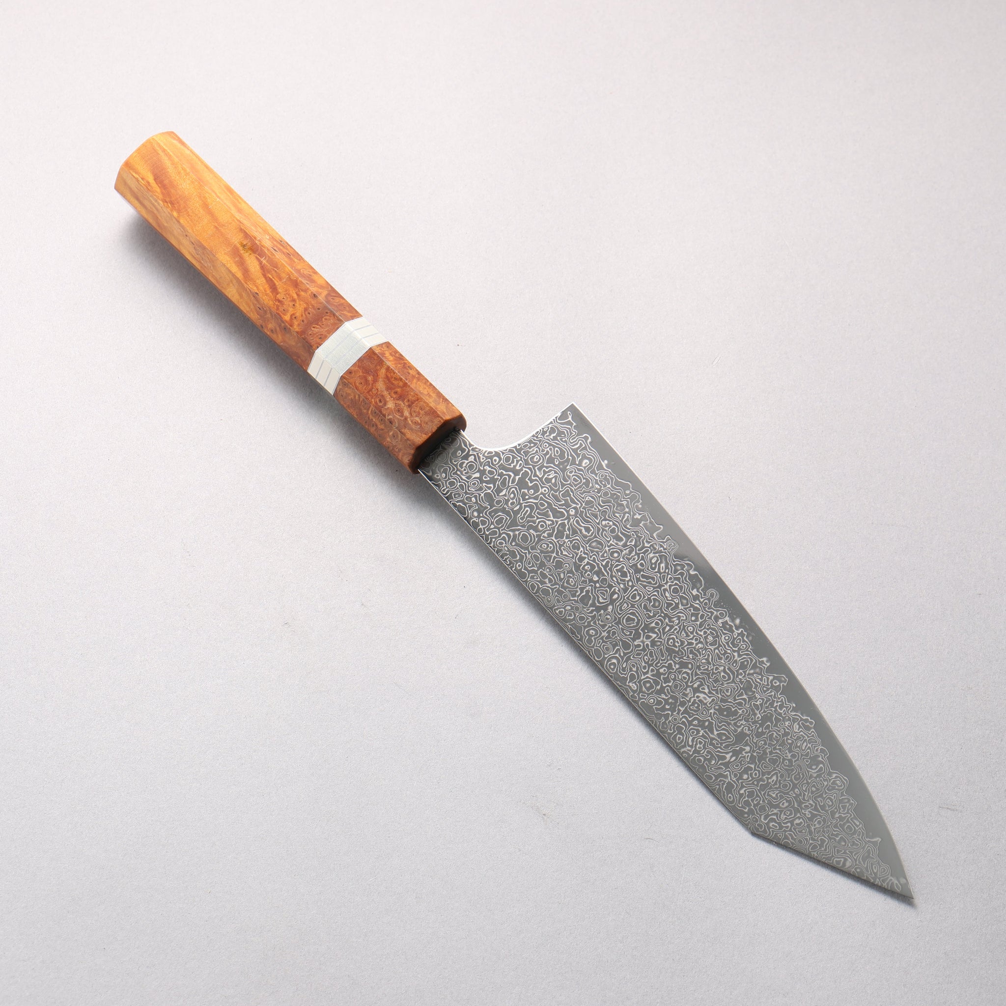 寛丈 SG2 ダマスカス 磨き仕上げ 切付三徳包丁 180mm 茶スタビライズドウッド (銀リング)柄 - 清助刃物