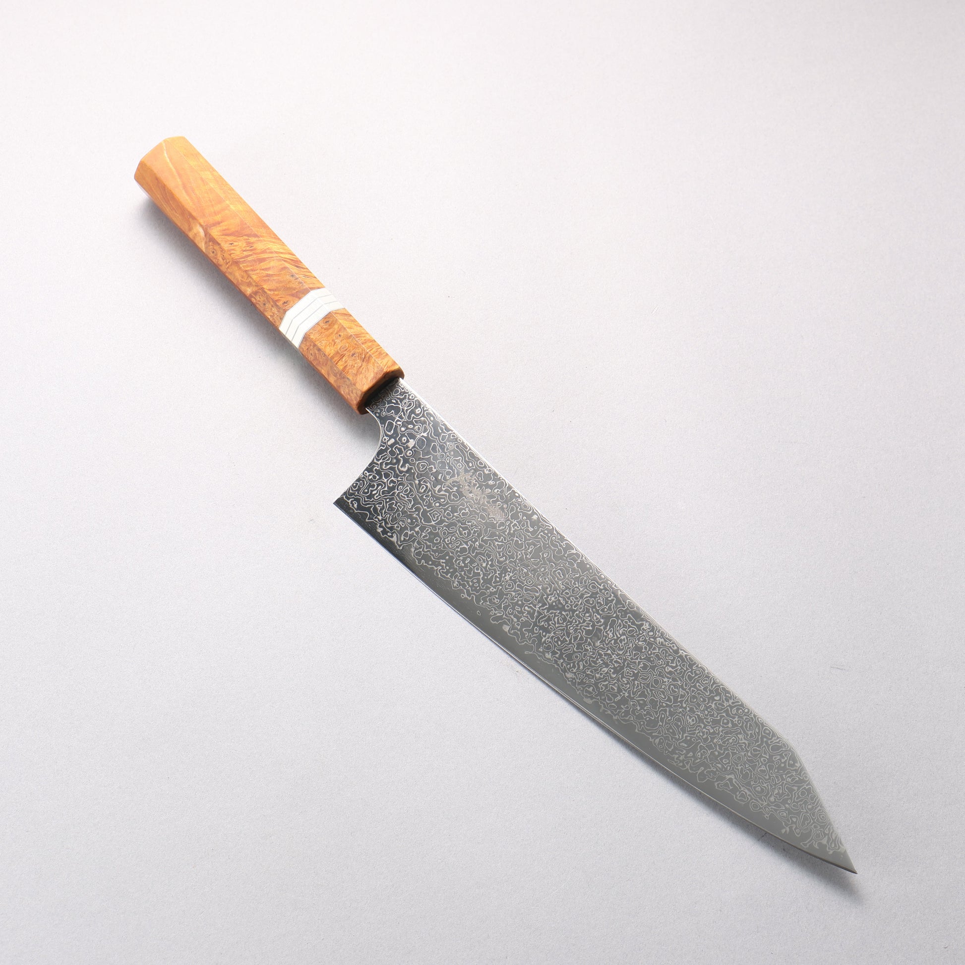 寛丈 SG2 ダマスカス 磨き仕上げ 切付牛刀包丁 240mm 茶スタビライズドウッド (銀リング)柄 - 清助刃物
