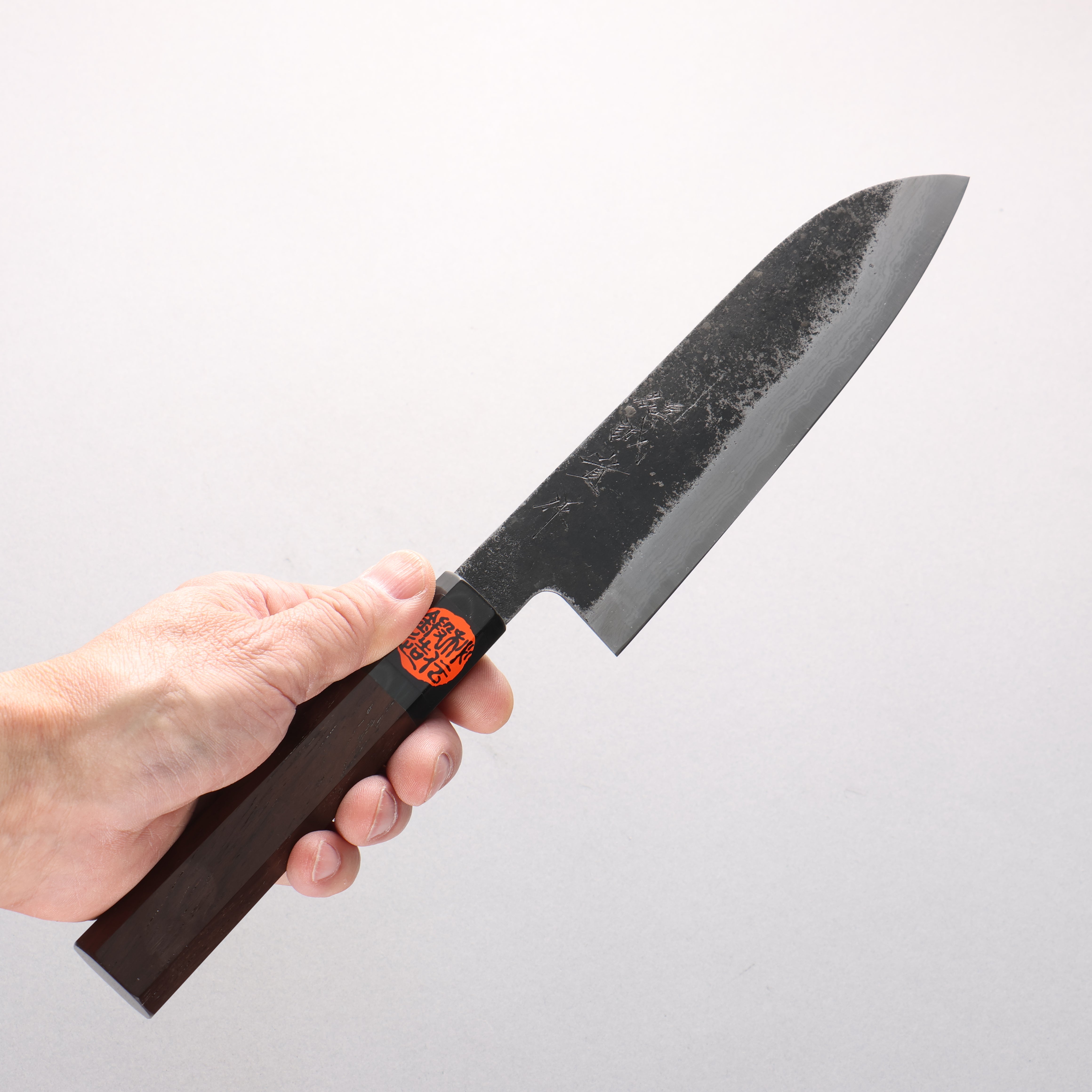 田中 誠貴 鉄火 青ニ鋼 黒打 ダマスカス 三徳包丁 170mm ウォルナット柄 - 清助刃物