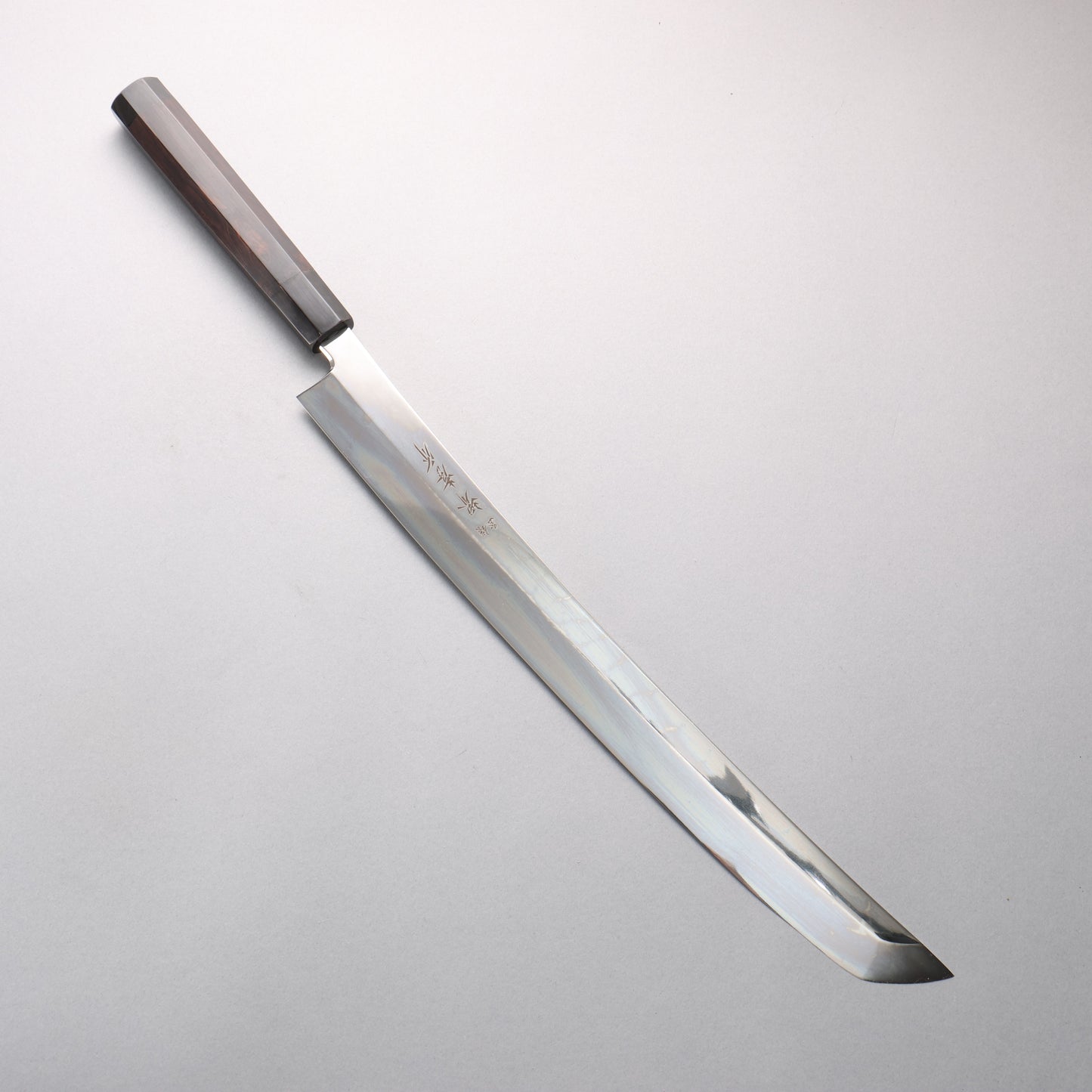 堺 孝行 本焼き 銀三鋼 鏡面仕上げ 先丸柳刃包丁 390mm 黒檀 (口輪:ダブル黒水牛）柄 鞘付き - 清助刃物