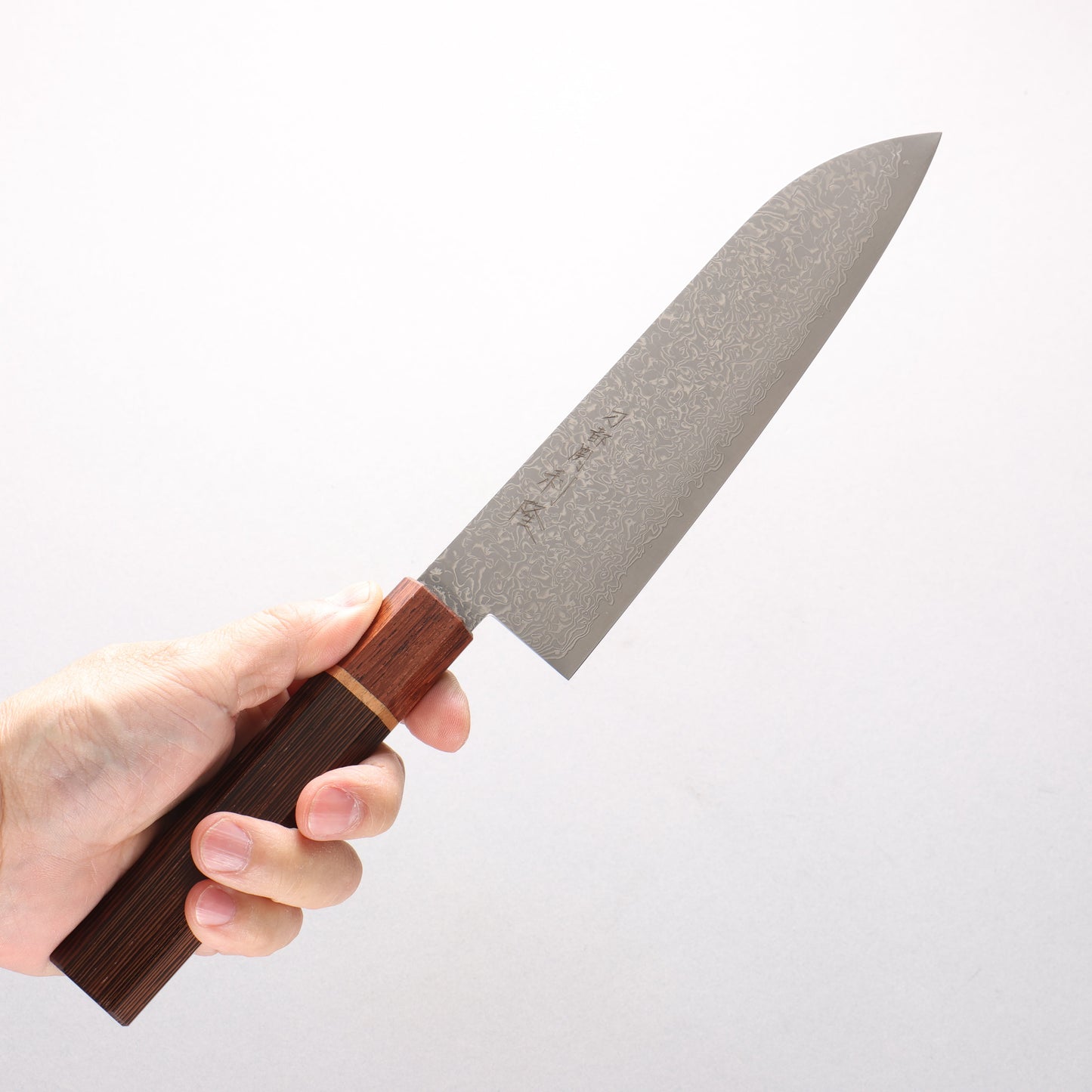 利隆 V金10号 65層ダマスカス 三徳包丁 180mm ウエンジ 桜リング付き（口輪：紫檀）柄 - 清助刃物