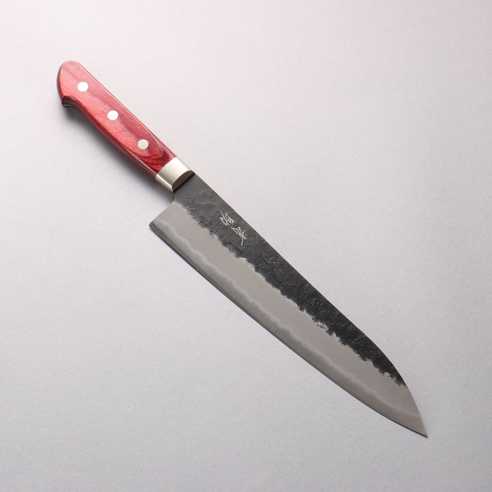 清助 黒梨 青スーパー鋼 梨地 黒打 牛刀包丁 210mm 赤合板柄 - 清助刃物