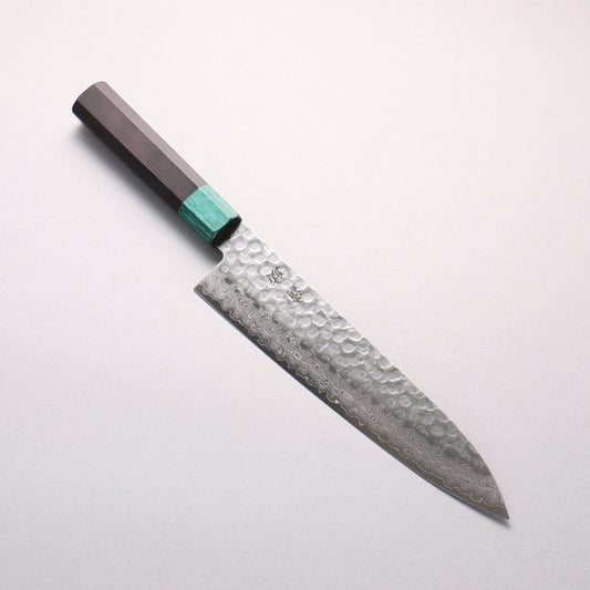 清助 V金10号 鎚目 ダマスカス 牛刀包丁 210mm 黒合板(口輪：緑合板)柄 - 清助刃物