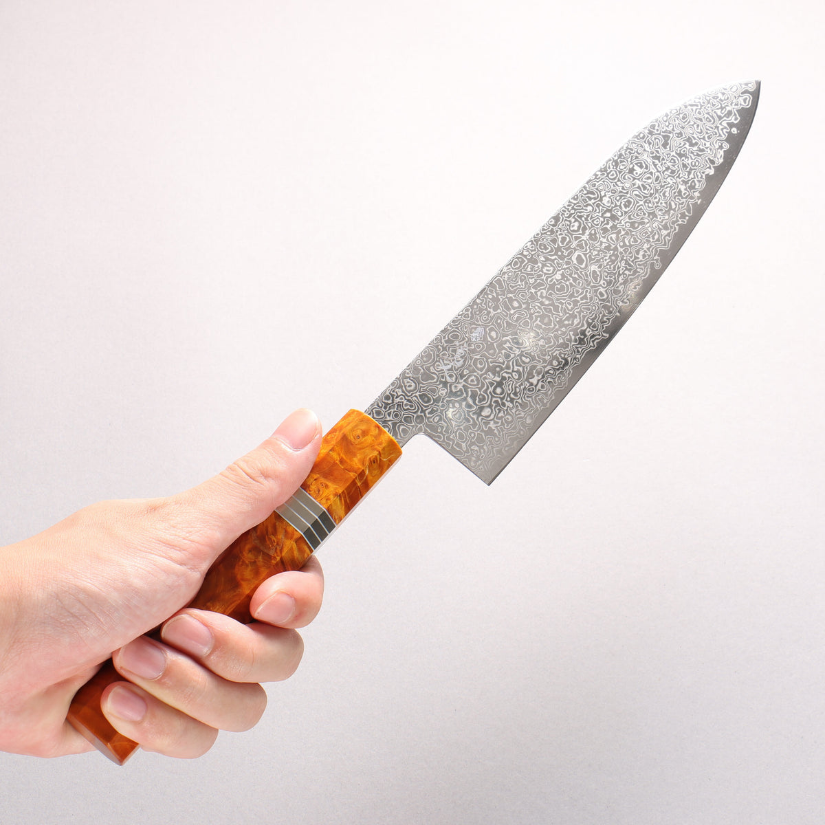 寛丈 SG2 ダマスカス 磨き仕上げ 三徳包丁 180mm 茶スタビライズドウッド (銀リング)柄