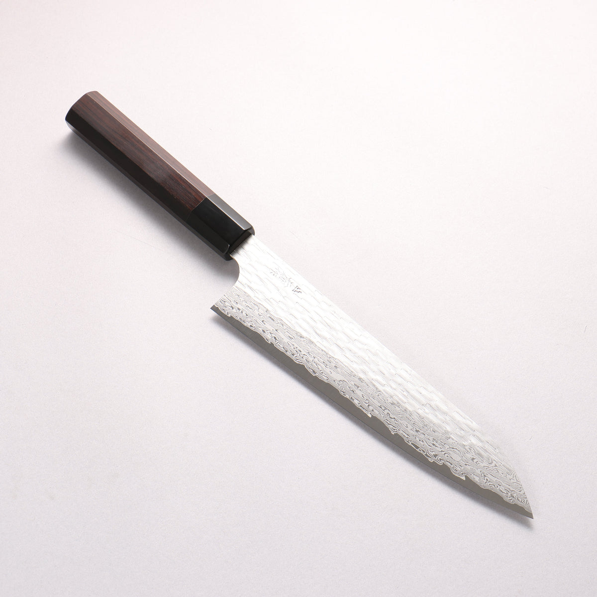 二唐 VG-XEOS 鎚目 ダマスカス 牛刀包丁 225mm 黒檀 (口輪：黒水牛)柄 - 清助刃物