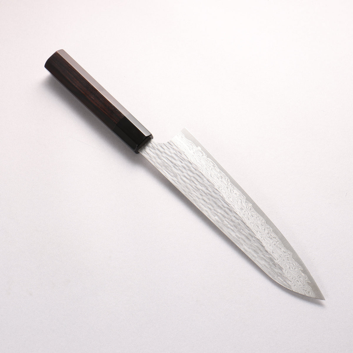 二唐 VG-XEOS 鎚目 ダマスカス 牛刀包丁 225mm 黒檀 (口輪：黒水牛)柄 - 清助刃物