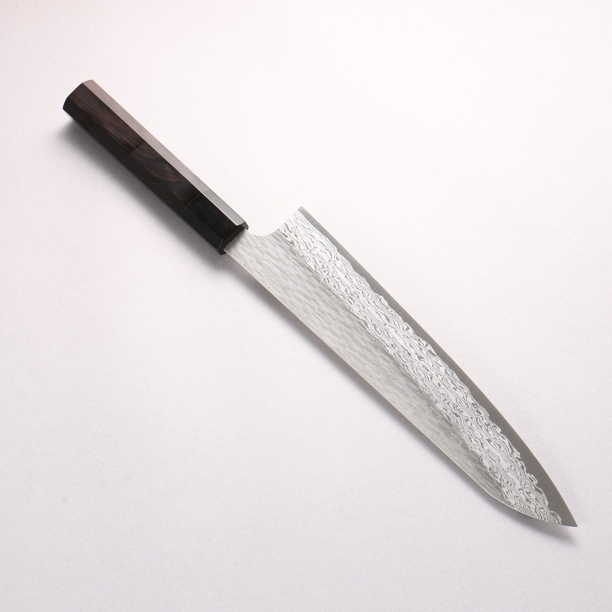 二唐 VG-XEOS 鎚目 ダマスカス 牛刀包丁 255mm 黒檀 (口輪：黒水牛)柄 - 清助刃物