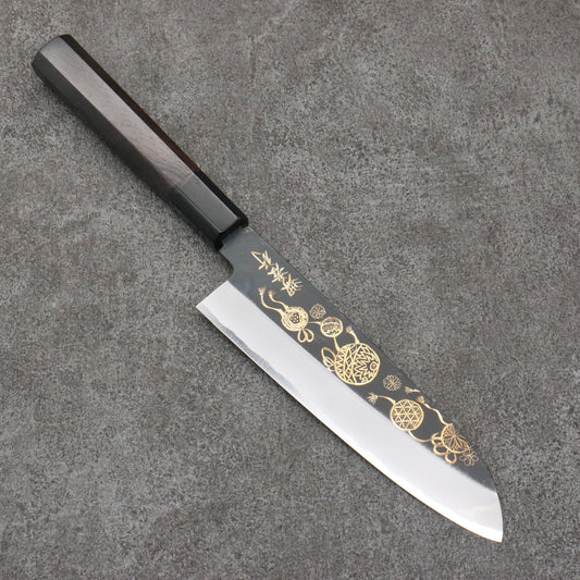 Sakai Takayuki Gold Filled Engraving by Kubota Temari White Steel No.2 Black Finished Santoku  180mm Ebony Wood Handle 