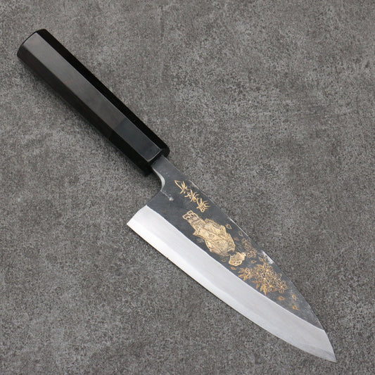 Sakai Takayuki Gold Filled Engraving by Kubota Maiko and Sakura White Steel No.2 Black Finished Deba  150mm Ebony Wood Handle 