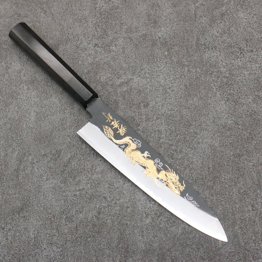 Sakai Takayuki Gold Filled Engraving by Kubota Unryu White Steel No.2 Black Finished Gyuto  210mm Ebony Wood Handle 