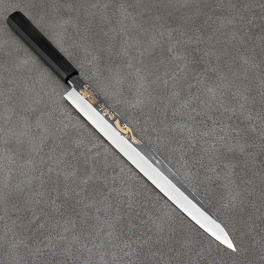 Sakai Takayuki Gold Filled Engraving by Kubota Kinryu White Steel No.2 Black Finished Yanagiba  300mm Ebony Wood Handle 