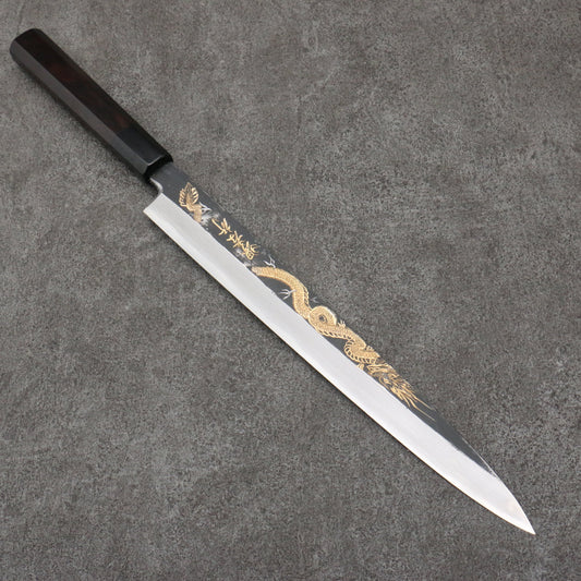 Sakai Takayuki Gold Filled Engraving by Kubota Tenryu White Steel No.2 Black Finished Yanagiba  300mm Ebony Wood Handle 