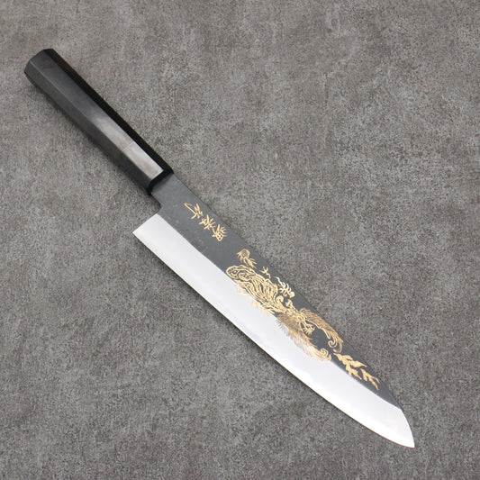 Sakai Takayuki Gold Filled Engraving by Kubota Houou White Steel No.2 Black Finished Gyuto  240mm Ebony Wood Handle 