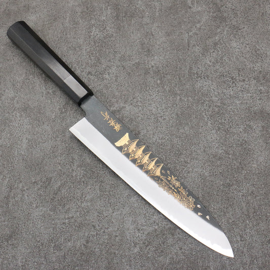 Sakai Takayuki Gold Filled Engraving by Kubota Gojunotou White Steel No.2 Black Finished Gyuto  240mm Ebony Wood Handle 