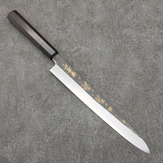 堺 孝行 窪田金彫刻 桜 白ニ鋼 黒仕上げ 柳刃包丁 240mm 黒檀柄 - 清助刃物