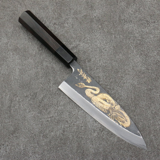 Sakai Takayuki Gold Filled Engraving by Kubota Ittoryumon White Steel No.2 Black Finished Deba  180mm Ebony Wood Handle 