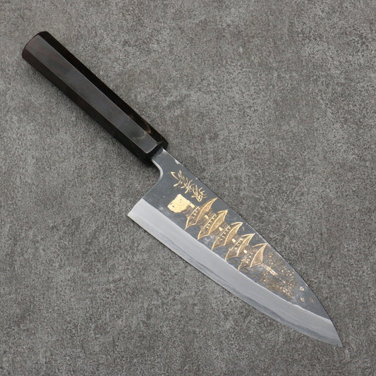 Sakai Takayuki Gold Filled Engraving by Kubota Gojunotou White Steel No.2 Black Finished Deba  165mm Ebony Wood Handle 