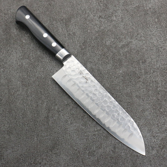 Seisuke Blue Steel Hammered Ribbed Santoku  180mm Black Pakka wood Handle 