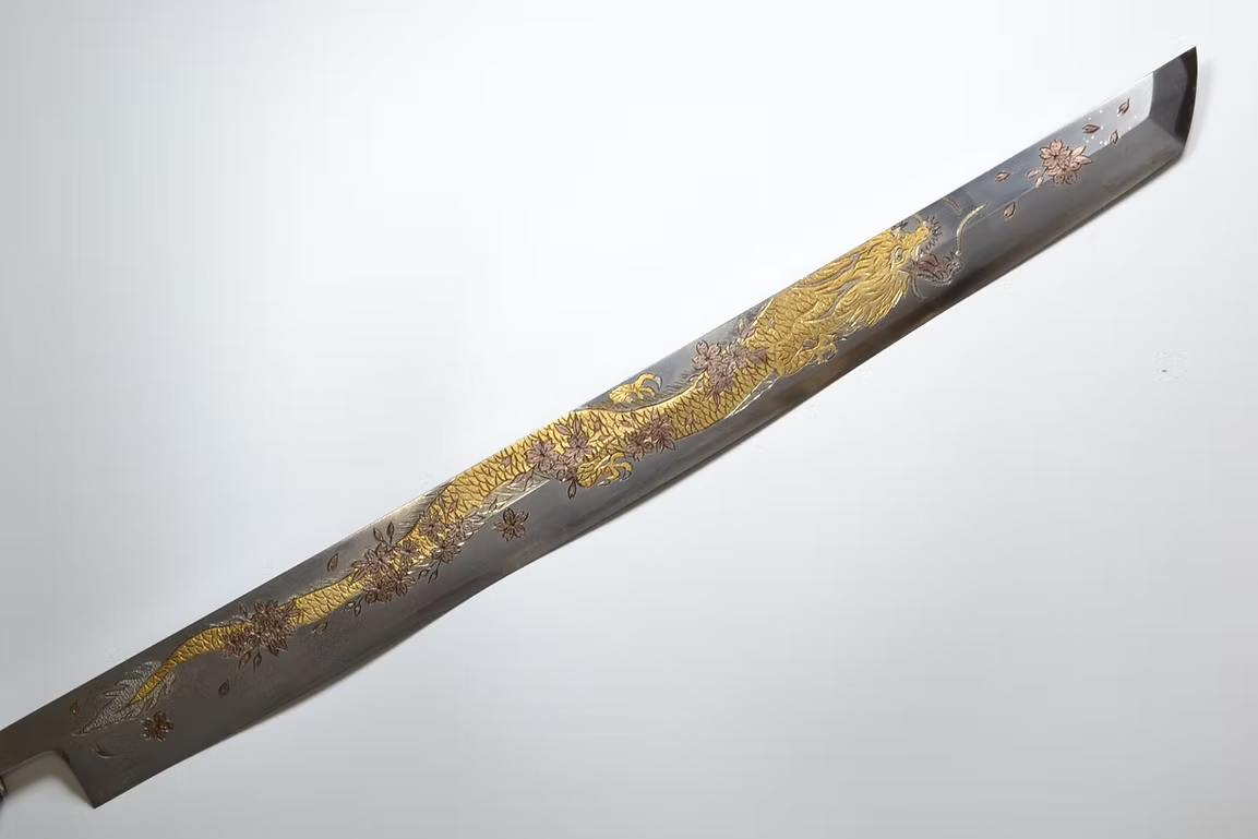 堺 孝行 窪田金属飾刻 諸行無常 白ニ鋼 霞研 まぐろ切り包丁 450mm 朴 (口輪：水牛)柄