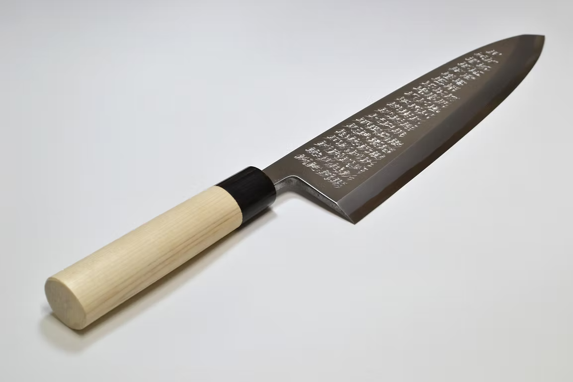 堺 孝行 窪田彫刻 終始一貫 白鋼 霞研 出刃包丁 300mm 朴 (口輪：水牛)柄