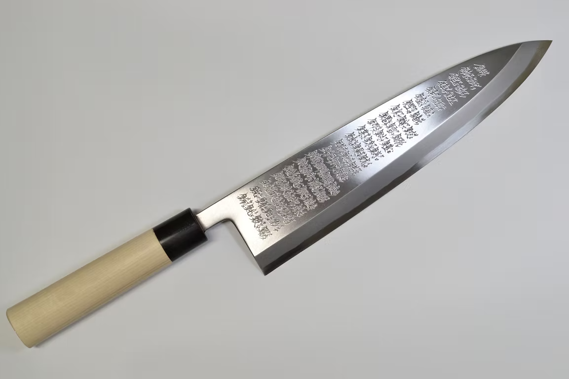 堺 孝行 窪田彫刻 終始一貫 白鋼 霞研 出刃包丁 300mm 朴 (口輪：水牛)柄