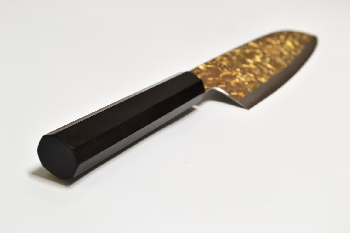 堺 孝行 窪田金彫刻 曼荼羅 銀三鋼 三徳包丁 180mm 黒檀　(口輪：黒水牛銀輪)柄
