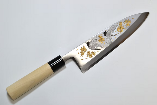 堺 孝行 窪田金属飾刻 舞鶴 白鋼 霞研 出刃包丁 240mm 朴 (口輪：水牛)柄 - 清助刃物