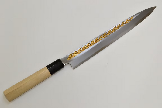 堺 孝行 窪田金彫刻 月桂樹 白鋼 霞研 柳刃包丁 270mm 朴 (口輪：水牛)柄 - 清助刃物
