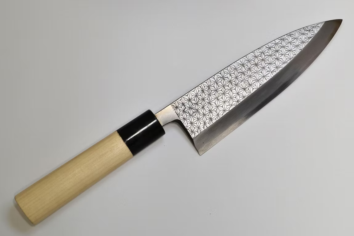 堺 孝行 窪田彫刻 麻の葉 白鋼 霞研 出刃包丁 165mm 朴 (口輪：水牛)柄
