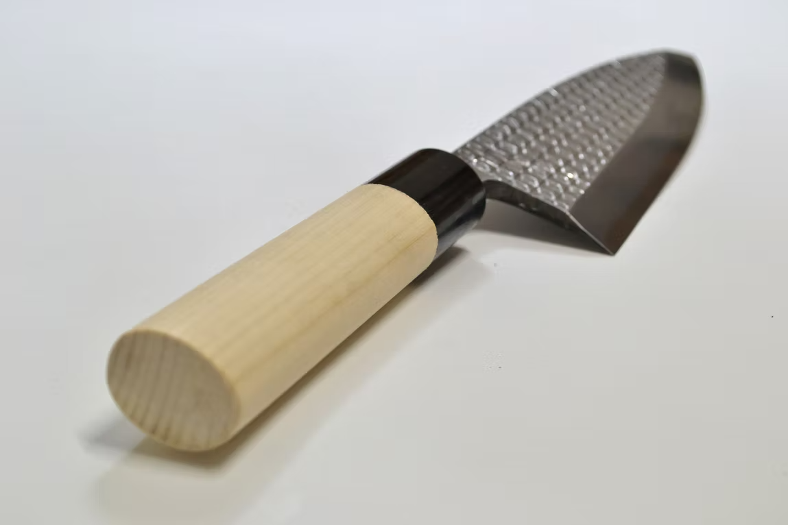 堺 孝行 窪田彫刻 麻の葉 白鋼 霞研 出刃包丁 165mm 朴 (口輪：水牛)柄