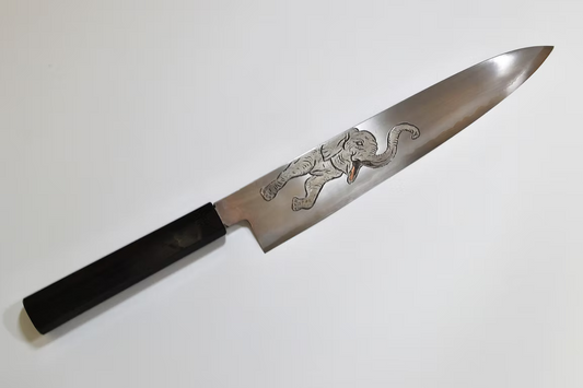 堺 孝行 窪田金属飾刻 小象 銀三鋼 牛刀包丁 240mm 黒檀 (口輪：黒水牛銀輪)柄 - 清助刃物