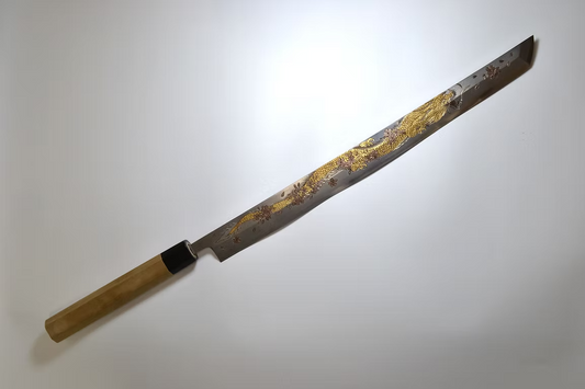 堺 孝行 窪田金属飾刻 諸行無常 白ニ鋼 霞研 まぐろ切り包丁 450mm 朴 (口輪：水牛)柄 - 清助刃物