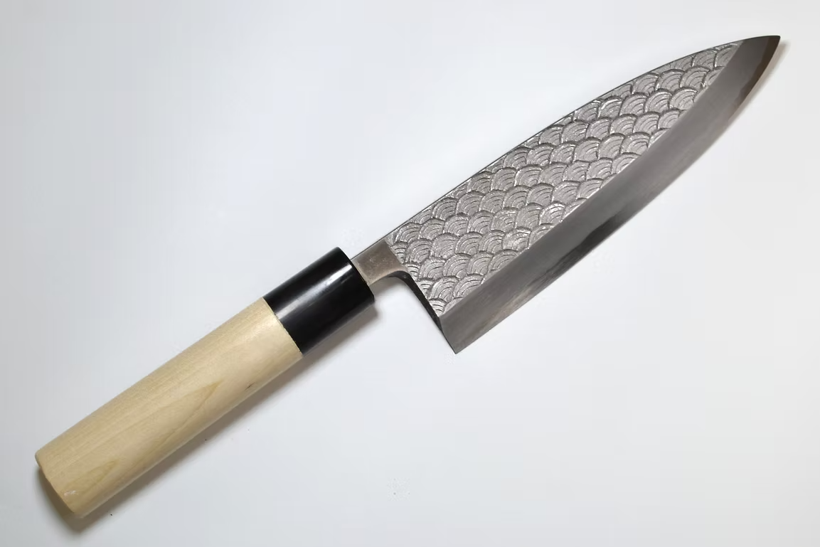 堺 孝行 窪田彫刻 青海波 白鋼 霞研 出刃包丁 165mm 朴 (口輪：水牛)柄
