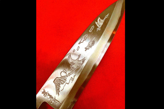 堺 孝行 霞研 白鋼 富士と鶴の彫刻入り 出刃包丁 - 清助刃物