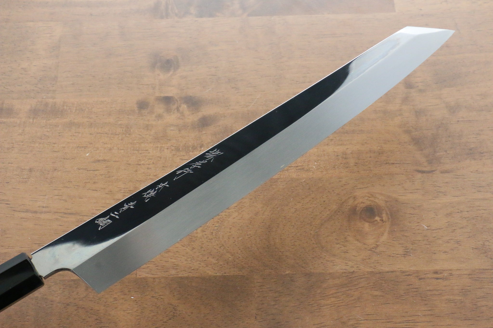 堺 孝行 飛燕 青ニ鋼 本焼 鏡面仕上げ 切付柳刃包丁  300mm 黒檀柄 鞘付き - 清助刃物