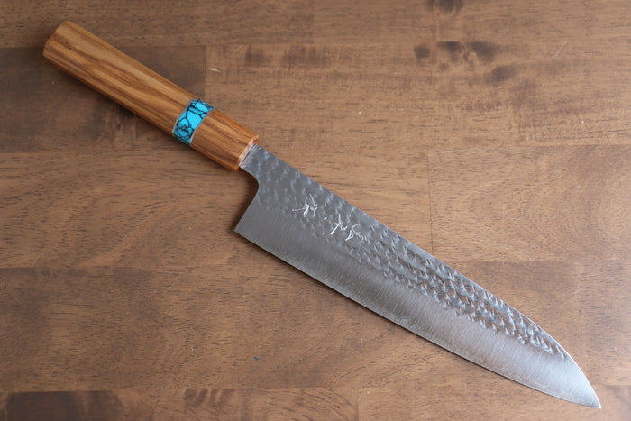黒崎 優 閃光 R2/SG2 鎚目 牛刀包丁  210mm オリーブの木 (口輪：ターコイズ)柄
