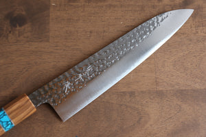 黒崎 優 閃光 R2/SG2 鎚目 牛刀包丁  210mm オリーブの木 (口輪：ターコイズ)柄 - 清助刃物