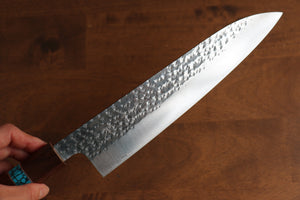 黒崎 優 閃光 R2/SG2 鎚目 牛刀包丁  210mm ウォルナット (口輪：ターコイズ)柄 - 清助刃物