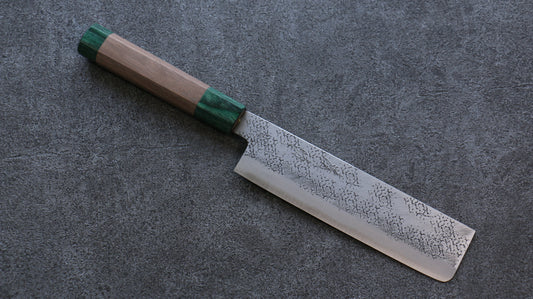 清助 青スーパー鋼 鎚目 菜切包丁  165mm ウォルナット (両側緑口輪)柄 - 清助刃物