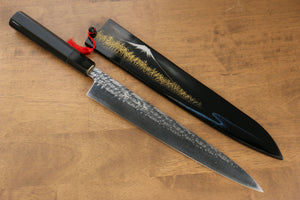 黒崎 優 閃光 R2/SG2 鎚目 富士山  沈金 筋引包丁 和包丁 270mm 漆塗り柄 鞘付き - 清助刃物