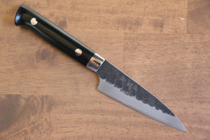 佐治 武士 青スーパー鋼 黒打 鎚目 ペティーナイフ 和包丁 90mm 黒マイカルタ柄 - 清助刃物
