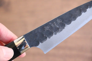 佐治 武士 青スーパー鋼 黒打 鎚目 ペティーナイフ 和包丁 90mm 黒マイカルタ柄 - 清助刃物