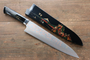 佐治 武士 青ニ鋼 有色ダマスカス 蒔絵 牛刀包丁  240mm 漆塗り柄 - 清助刃物